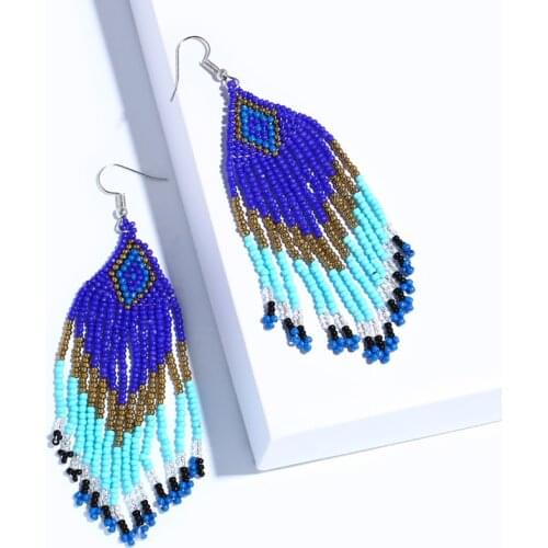 FLOLA Bohemia Crystal Beads Blue Tassel Earrings for Woman Handmade Long Fringe Big Earring Ethnic Jewelry Gift Oorbellen ersm99