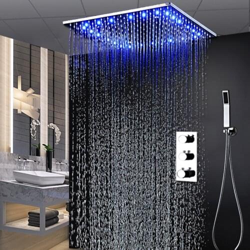 Modern Mist Shower Faucet Set Thermostatic 3 Way Shower System Ceiling Big Rain LED Shower Tap 20 Inch Square Bath