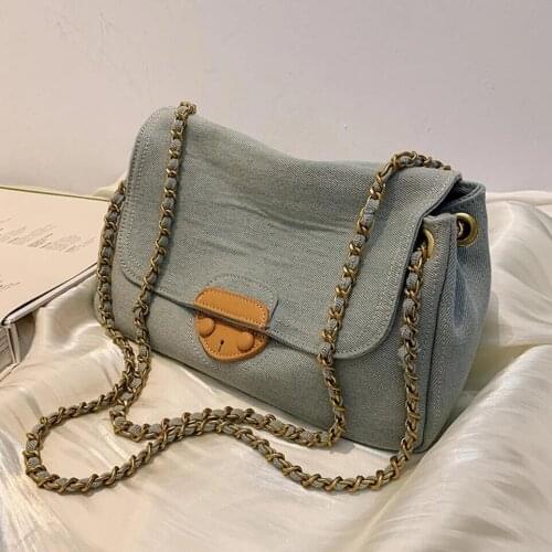 New Chain Denim Canvas Handbag for Women 2021 Simple Totes Shoulder Bag Lady Luxury Brand Designer Handbags and Purses