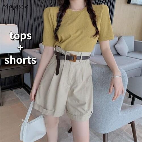 Sets Women Tops and Shorts Solid Folds Pockets Loose Classy Ladies Streetwear Elegant Female Tender Mature Design Summer Ins New