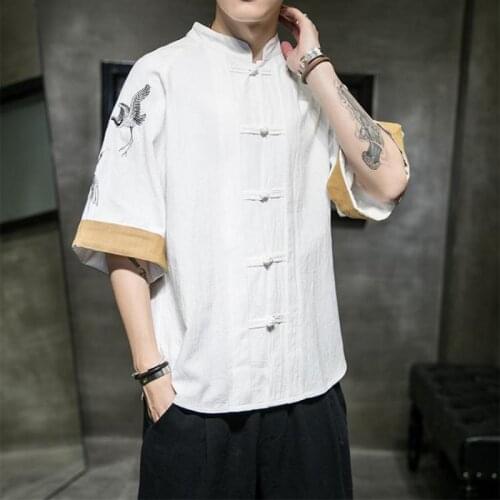 Traditional Chinese Style Embroidery Crane Hanfu Blouse Wu Tang Suit Men Kung Fu Shirts Short Sleeve Tops Streetwear Clothing