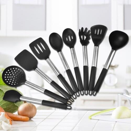 Heat Resist Long Handle Silicone Set Spatula Shovel Spoon For Cooking Kitchen Accessories Tools Cooking Bake Black Utensils Set