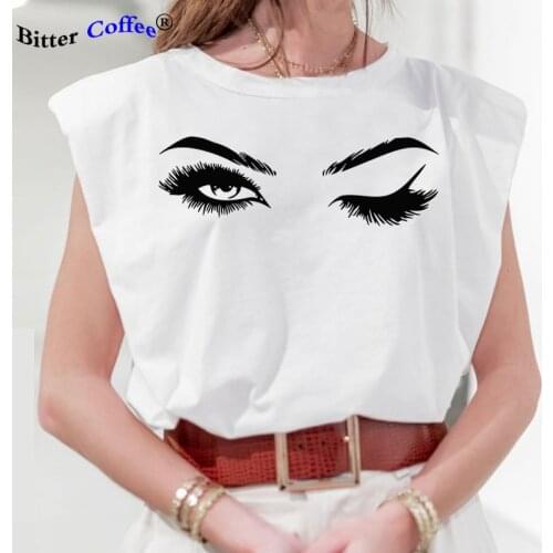 NEW Pretty eyelashes Casual Loose Tank Tops White Summer Sleeveless Top Women Shoulder Pad Female T-Shirt Basic Knitwear Top