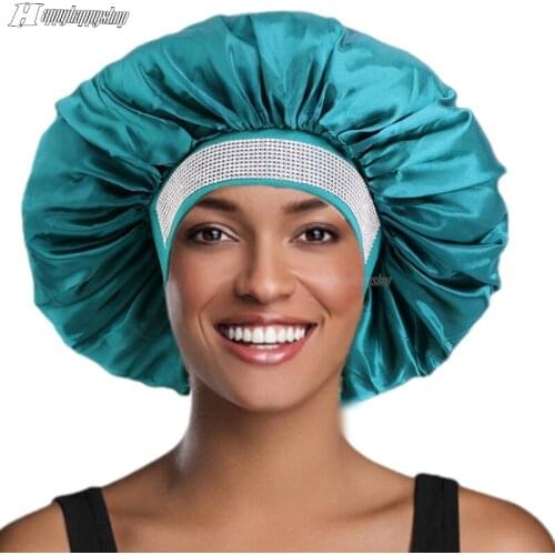 Big Size Women Solid Color Satin Bonnet Rhinestoned Wide Band Sleep Cap Hair Loss Bandanas Turban Hat Headband Head Cover Wrap