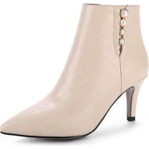 Big Size 9 10 11 12 boots women shoes ankle boots for women ladies boots shoes woman winter Pearl trim side zipper tapered heel