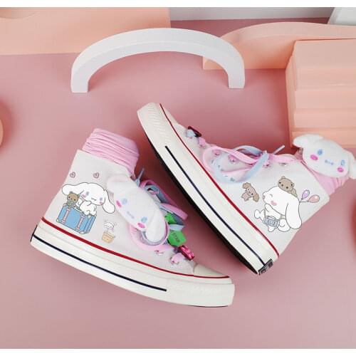 Harajuku Women Canvas Shoes Girl Hand-painted Laurel Dog Cartoon Sneakers Cute Kawaii High-top Canvas Shoes Lolita Womens Shoes
