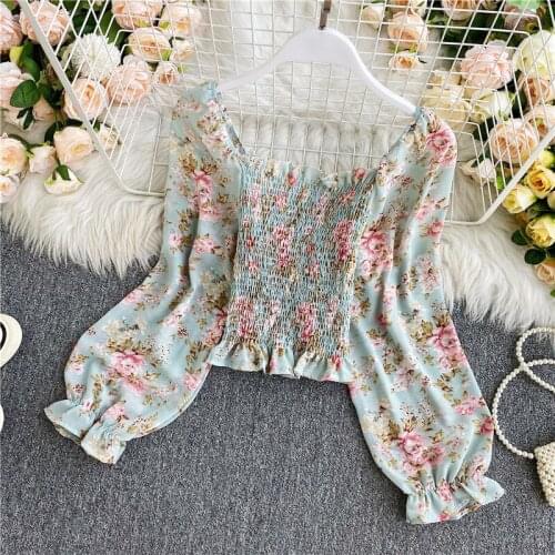 French Froal Chiffon Women Tops Elastic Waist Short Tee Shirt Vintage Chic Camisetas Mujer Gothic Top Fashion Crop Top Mujer