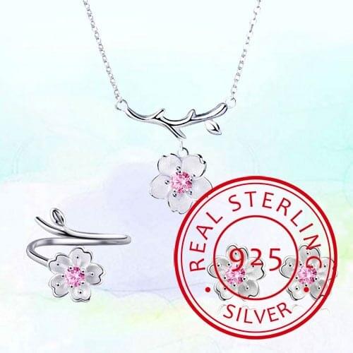 2019 Wedding Bridal Jewelry Sets 925 Sterling Silver Pink Crystal Cherry Blossoms Flower Necklaces Earrings Rings for Women
