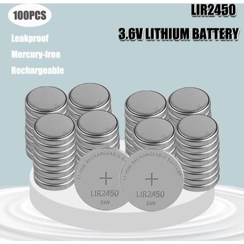 100PCS 120mAH LIR2450 Lithiium lir Ion Rechargeable Battery 3.6V Li-ion button coin cell replace for CR2450 CR 2450