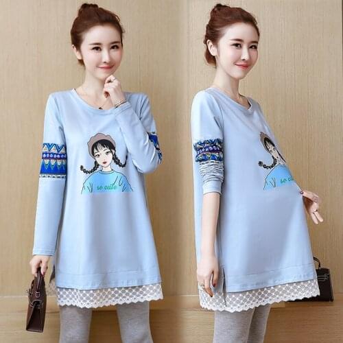 5589# Maternity Clothes Spring Autumn O Neck Cartoon Printing Stylish Tops T Shirts Pregnant Women
