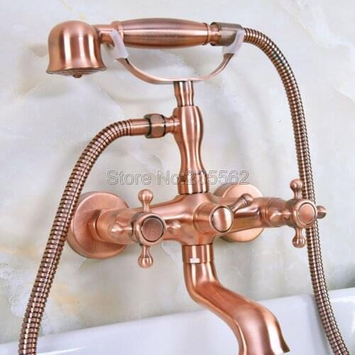 Antique Red Coppe Wall Mount Clawfoot Bathroom Bathtub Faucet Handheld Shower Mixer Tap lna339