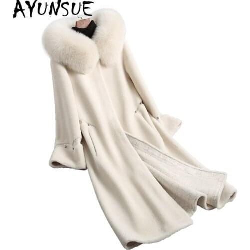 AYUNSUE Womens Fur Coat Real Wool Female Jacket Sheep Shearing Fur Coats Warm Winter Jackets Natural Fox Fur Hood KQN18113-1