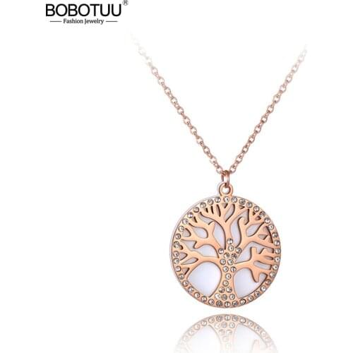 BOBOTUU Bohemia Stainless Steel Plant Tree Disc CZ Crystal & Shell Pendant Necklaces For Women Fashion Sweater Chian 28" BN19166