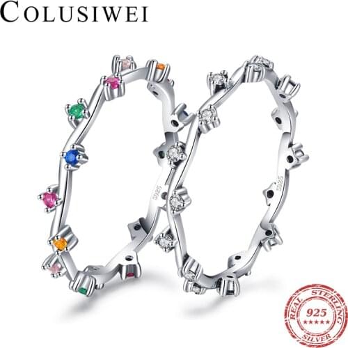 Colusiwei Rainbow 925 Sterling Silver Wave Branches Finger Rings for Women Colorful CZ Flower Engagement Wedding Jewelry