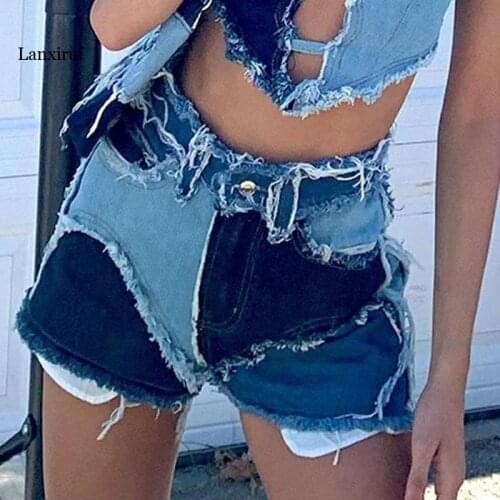 Summer Fashion Club Party Streetwear Mini Jeans Women High Waist Short Denim Scanties Vintage Patchwork Pocket Button Short Jean