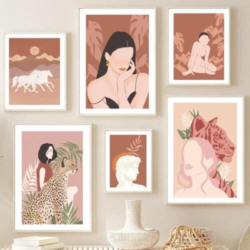 Wall Art Print Canvas Painting Boho Abstract Girl Monstera Palm Leopard Tiger Nordic Poster Wall Pictures For Living Room Decor