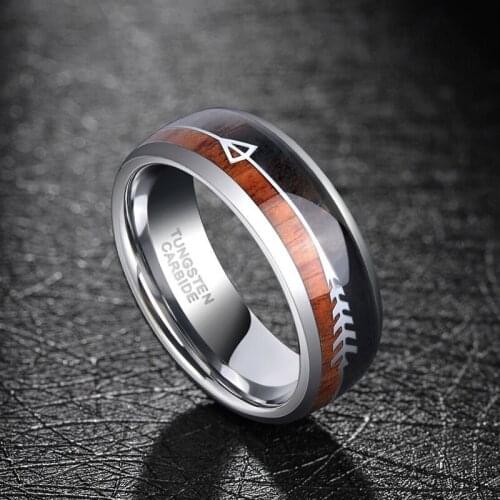 8MM Men Fashion Silver Color Stainless Steel Ring Wood Inlay Arrow Wedding Band Mens Jewelry Gift For Him