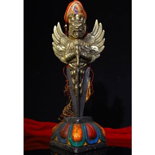 8"Tibet Temple Collection Old Bronze Roc garuda statue Dorje Vajra Phurpa Bodhi root base set Town House Exorcism