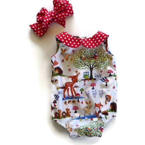 Baby Girls Cartoon Animals Bodysuit Newborn Infant Baby Girl Peter Pan Collar Playsuit Bodysuit Heandband Clothes Outfit Sunsuit