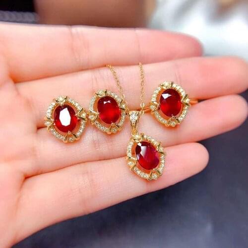 Natural New Burning Ruby Stone S925Silver Set Ring Earrings Pendant Necklace Fine Fashion Charm Jewelry for Women Free Shipping