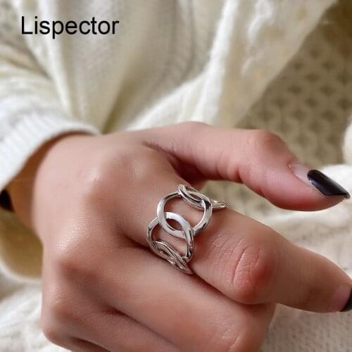 Lispector 925 Sterling Silver Korean Circles Chain Wide Rings for Women Rock Punk Hollow Geometric Rings Hip Hop Unisex Jewelry