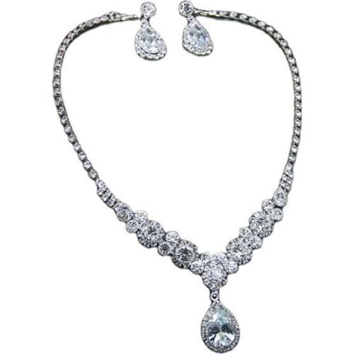 MIQIAO White Gold Plated Luxury Big Drop Zircon Crystal Pendant Collar Necklace Piercing Earring Jewelry Set for Women Wedding