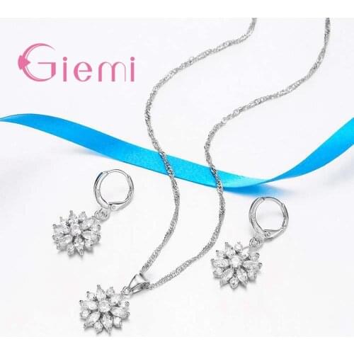 Trendy 925 Sterling Silver Jewelry Set for Women Flower CZ Stone Charm Pendants Necklaces Earrings Anniversary Gift
