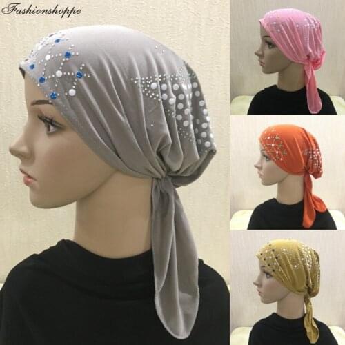 Fashion Women Rhinestone Bandage Muslim Inner Hijab Caps Islamic Underscarf Hats Arab Headwear