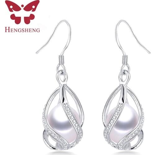 Natural Freshwater Pearl Drop Earrings Women Elegant 925 Sterling Silver Anti allergy Earrings DIY Cage Jewelry