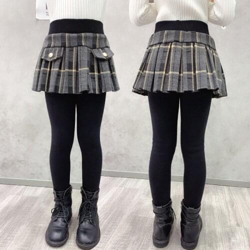 New Winter Girls Leggings With Skirt Kids Winter Pants Plaid Pantskirt Culottes Children Trousers Thicken Warm Girls Leggings 8T