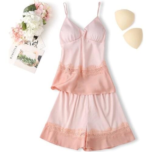 Sexy Satin PJS 2PCS Pajamas Set Women Intimate Lingerie Patchwork Sleepwear Strap Top&Shorts With Pads Summer New Homewear