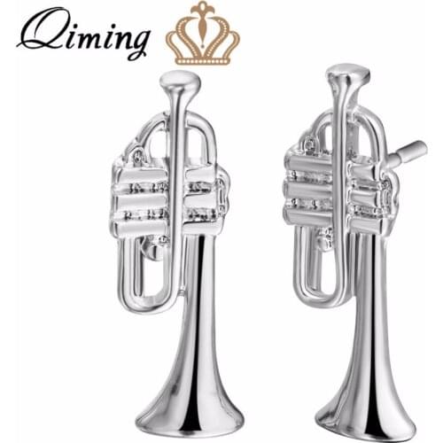 QIMING Tiny Trumpet Shaped Stud Earrings in Gold Music Themed Jewelry Punk Style Cute Men Earrings Vintage Gold fashion Jewelry