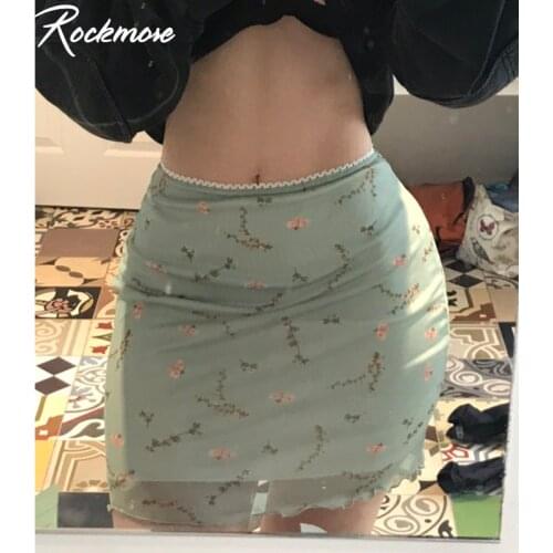 Rockmore Y2K Floral Double-Layer Mesh Mini Skirts Women Green Short Skirts Skirts E Girl Kawaii Low Waist Sexy Skirts Summer NEW