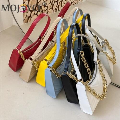 Women Pure Color PU Underarm Bag Fashion Ladies Thick Chain Small Hobos Handbags Embroidery Thread Shoulder Pouch