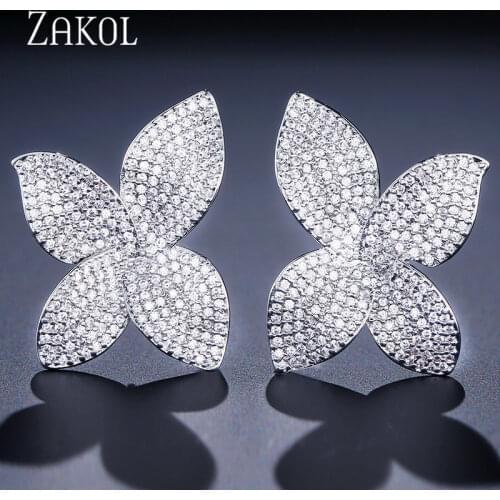 ZAKOL New Fashion Luxury Butterfly AAA Cubic Zirconia Micro Pave Setting Flower Big Stud Earrings for Women Party Gifts FSEP2078