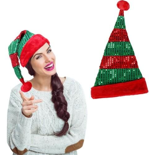 1pc Sequin Santa Hat Red Green Stripes Christmas Decoration Dress Up Sequin Cap Christmas Adult Hat Holiday Hat Funny Party Hat