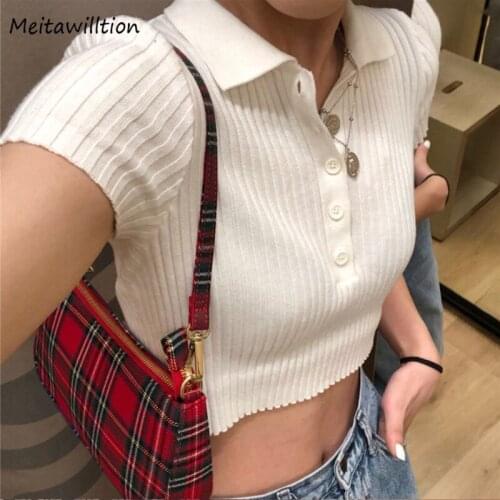 2021 Summer Knitt T-Shirt Casual Turn Down Collar Slim Crop Tops Elegant Women Solid Short Sleeve Button Ribbed Tee Shirt
