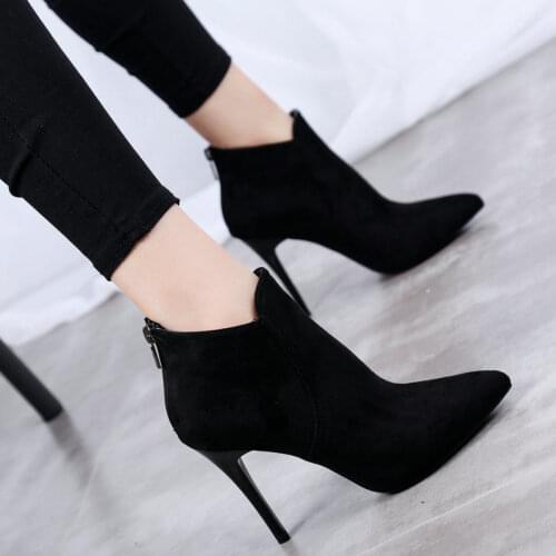 Autumn Winter Black High Heels Shoe Temperament Suede Pointed Toe Stiletto High Heels Short Boot Fashion Female Ankle Boot Pumps