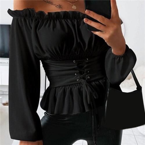 Women Sexy Tops Shoulder Folds Ruffled Temperament Fashion One-word Women Tops Solid Color Long Sleeve Summer Tops For Woman
