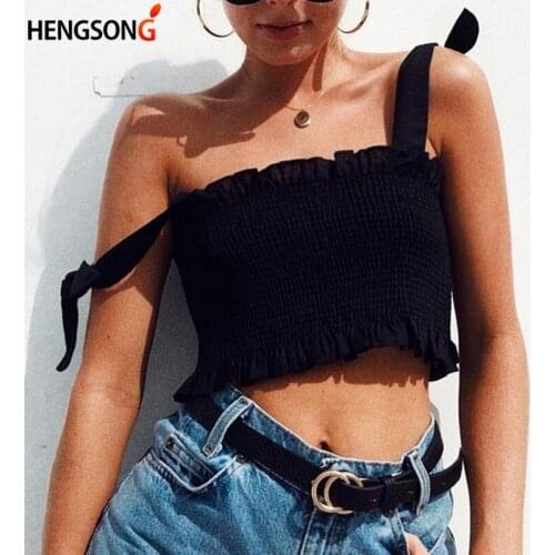 2021 New Summer Autumn Tube Crop Tee Women Bow Tie Strap Ruched Tank Top Lettuce Edge Elastic Camis Ruffle Wave Short Top