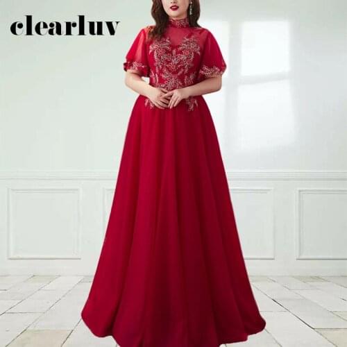 High Collar Women Party Dresses DR1128 Burgundy A-Line Evening Dress Appliques Formal Robe De Soiree Short Sleeve Formal Gown