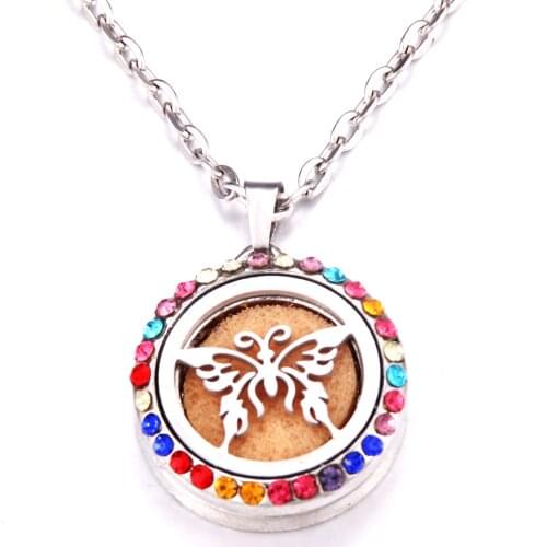 Colored zircon butterfly Steel Aromatherapy Essential Oil Diffuser Perfume Locket Pendant shape Aroma Necklace Magnetic Aroma