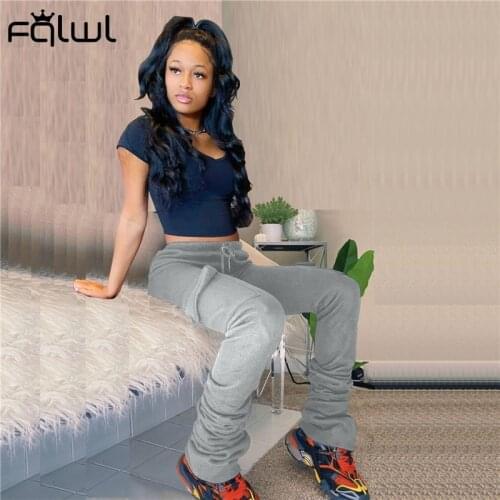 FQLWL Streetwear Solid Loose Stacked Sweat Pants Women Cargo Pants Jogger Flare High Waist Pants Female Joggers Ladies Trousers
