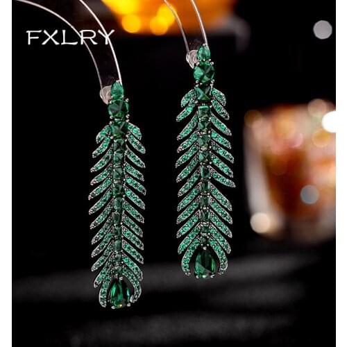 FXLRY Luxury AAA Cubic Zirconia Long Vingtage Leaf Earring for Women Wedding Fashion Jewelry