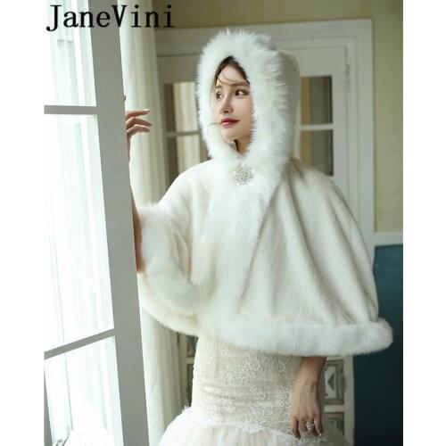 JaneVini 2020 Autumn Winter Hooded Bridal Cloak Capes Bride Fur Coat Shrugs Faux Fur Wraps Evening Jacket for Women casaco noiva