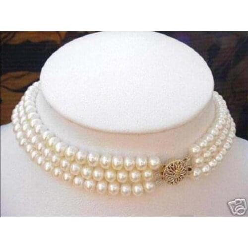 Beautiful 3 ROWS 7-8MM White Cultured Pearl Necklace 17-19"