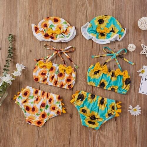 Newborn Girl Sunflower Print Swimsuit Sleeveless Bow Crop Tops Ruffle Short Pants and Hat 3 Piece Bikinis Set