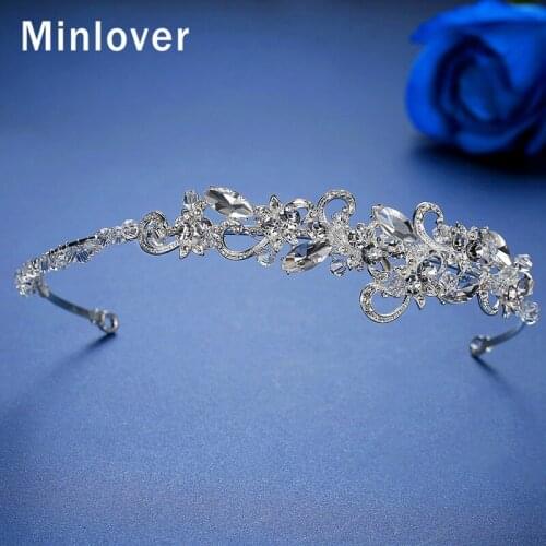 Minlover Flower Crystal Crown Headband Ornaments Bridal Tiara for Prom Festival Bridesmaid Wedding Hair Accessories HG225