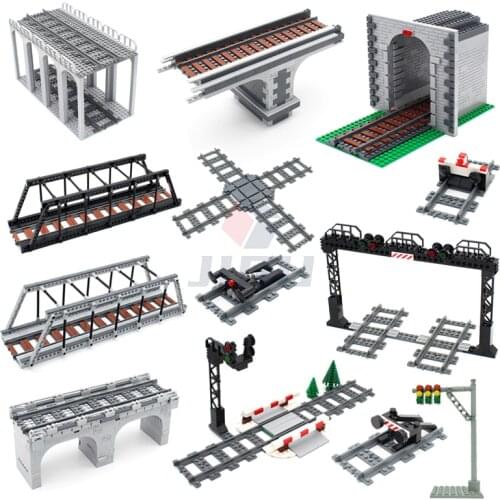 MOC City Train Track Model Train Track Rail Traffic Lights Aisle Barrier Pole city signal lamp Set High-tech Building Block Toys