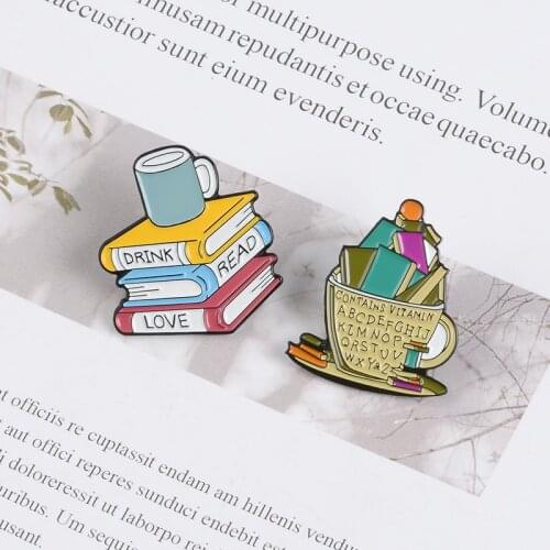 Cartoon Coffee And Books Pins Drink Read Love Book Worm Hard Enamel Badge Lapel Pin Brooches For Bag Backpack Accessories